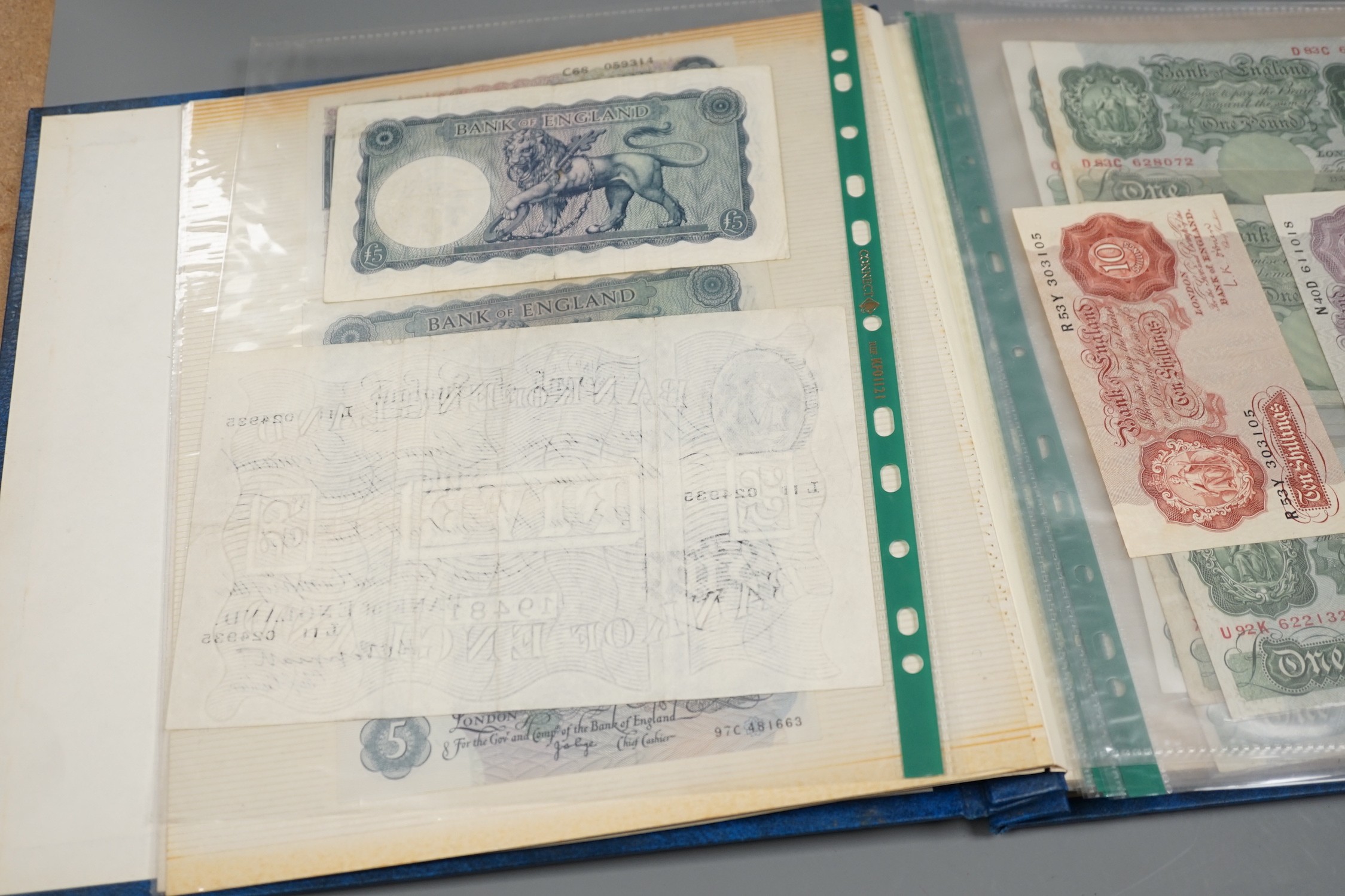 A Weald of Kent One Pound banknote, April 1813 and a portfolio of early banknotes including the white Five Pounds note, 1947, Chief Cashier Kenneth Peppiatt